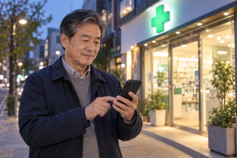 야간에 문 여는 약국을 휴대전화로 찾는 중장년 남성
