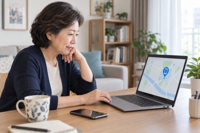 분실한 휴대전화를 컴퓨터로 찾는 중장년 여성