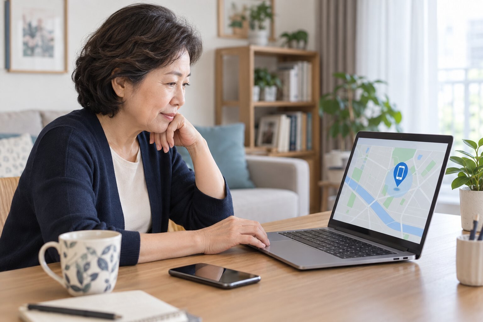 분실한 휴대전화를 컴퓨터로 찾는 중장년 여성
