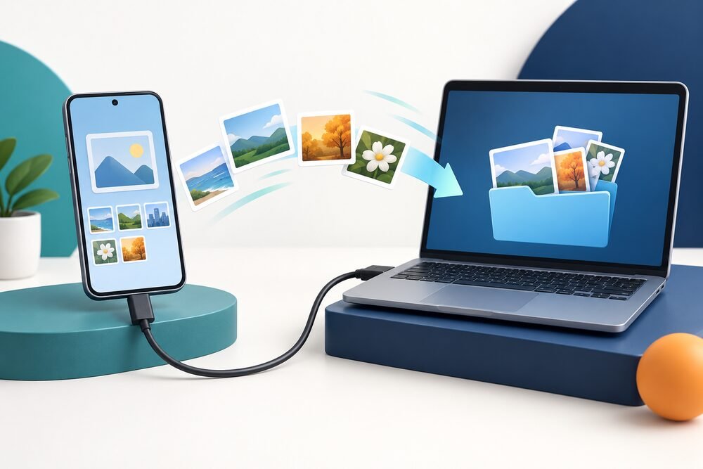 휴대전화 사진을 USB 케이블로 컴퓨터에 옮기는 모습