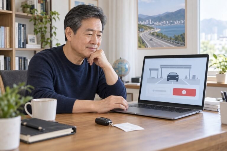 고속도로 미납 통행료를 컴퓨터로 확인하는 중장년 남성
